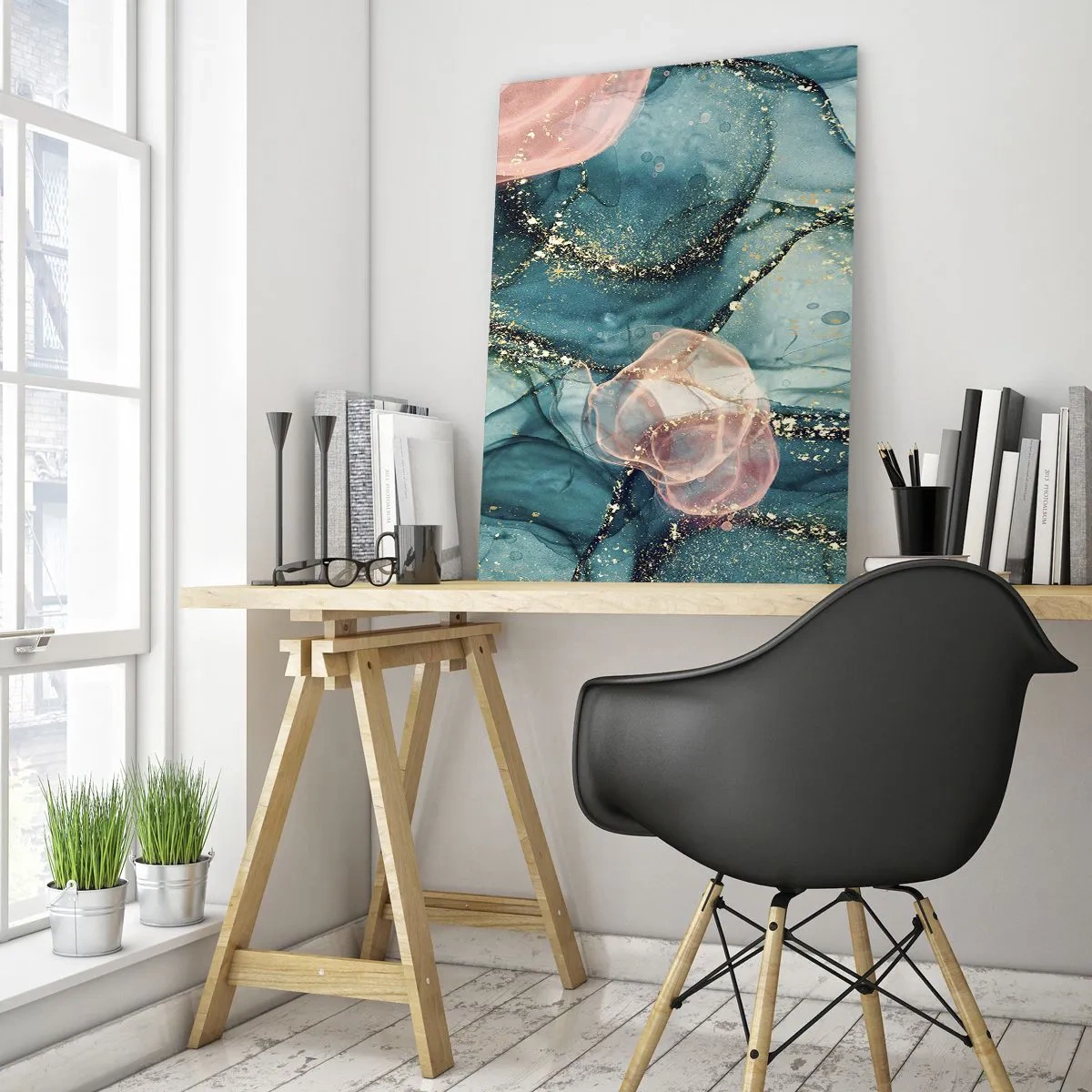Obraz na skle - Modré hedvábí modré, růžový tyl - 50x70 cm