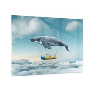 Obraz na skle - Velryba zvedá letadlo nad mraky v surrealistickém prostředí. - 70x50cm - Proč ne? - Moderní nástěnná dekorace do obývacího pokoje a ložnice ARTTOR