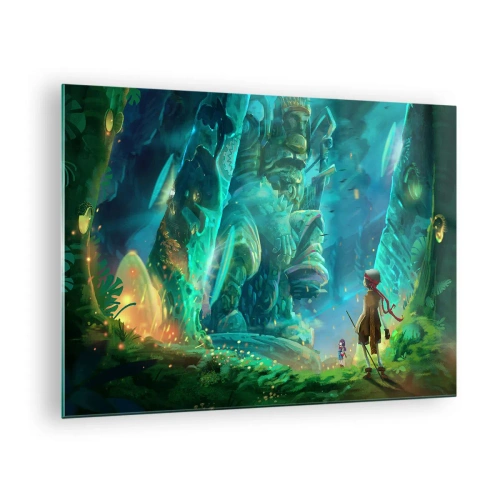 Obraz na skle - Fantastická krajina s postavou a starověkou sochou v lese - 70x50cm - Z velké Knihy pohádek - Moderní nástěnná dekorace do obývacího pokoje a ložnice ARTTOR