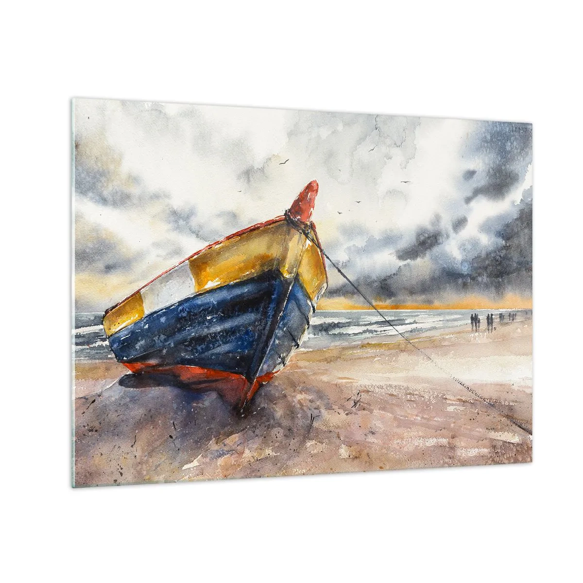 Obraz na skle - Barevná loď na pláži za zamračeného dne - 70x50cm - Odpočinek na břehu - Moderní nástěnná dekorace do obývacího pokoje a ložnice ARTTOR