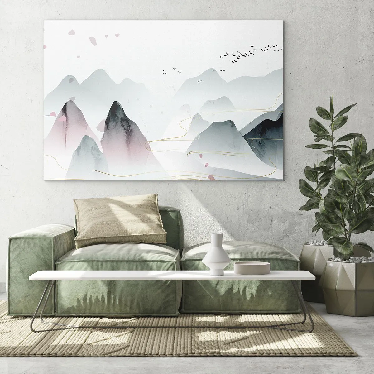 Obraz na skle - Pastelové hory s hejnem létajících ptáků a zlatými liniemi - 70x50cm - Přes vrcholy - Moderní nástěnná dekorace do obývacího pokoje a ložnice ARTTOR