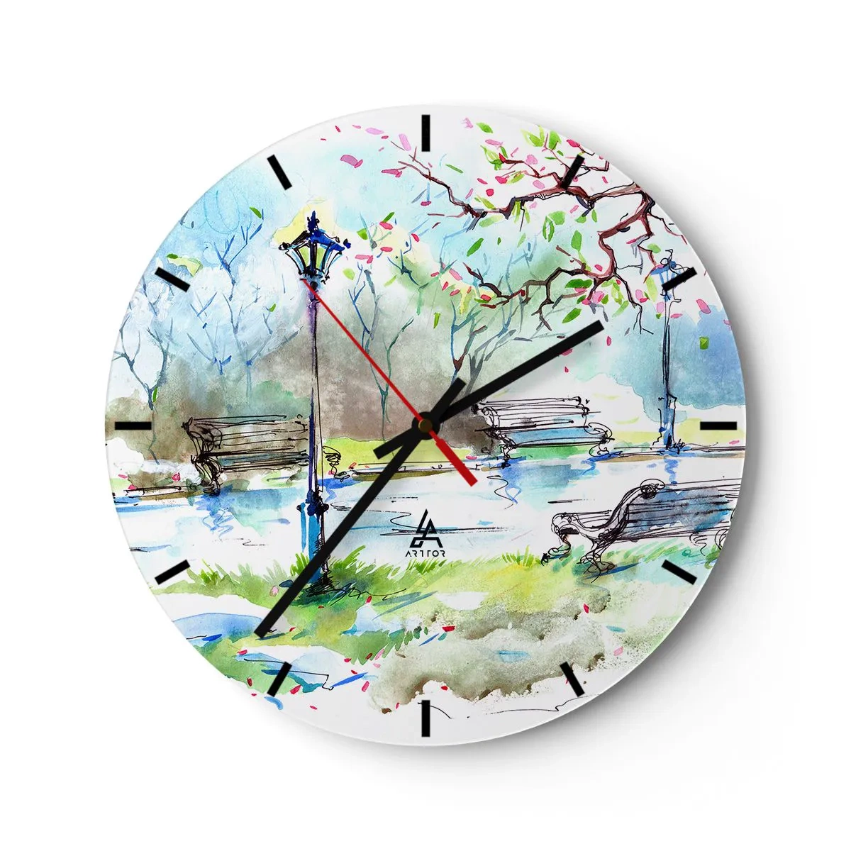 Nástěnné hodiny - Park s lavičkami, lucernami a kvetoucími stromy ve stylu akvarelu. - 30x30cm - Kouzlo parkového ticha - Moderní nástěnná dekorace do obývacího pokoje, kuchyně a ložnice ARTTOR