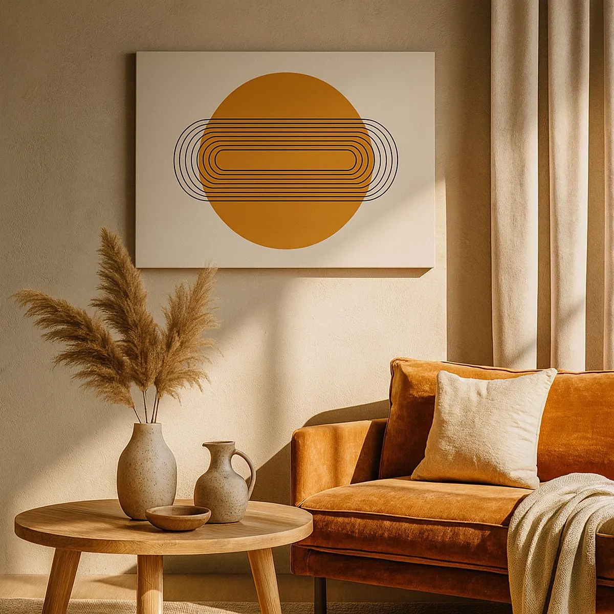 Obraz na plátně - Geometrický vzor s oranžovými kruhy a čarami - 70x50cm - Dokonalý plán - Moderní nástěnná dekorace do obývacího pokoje a ložnice ARTTOR