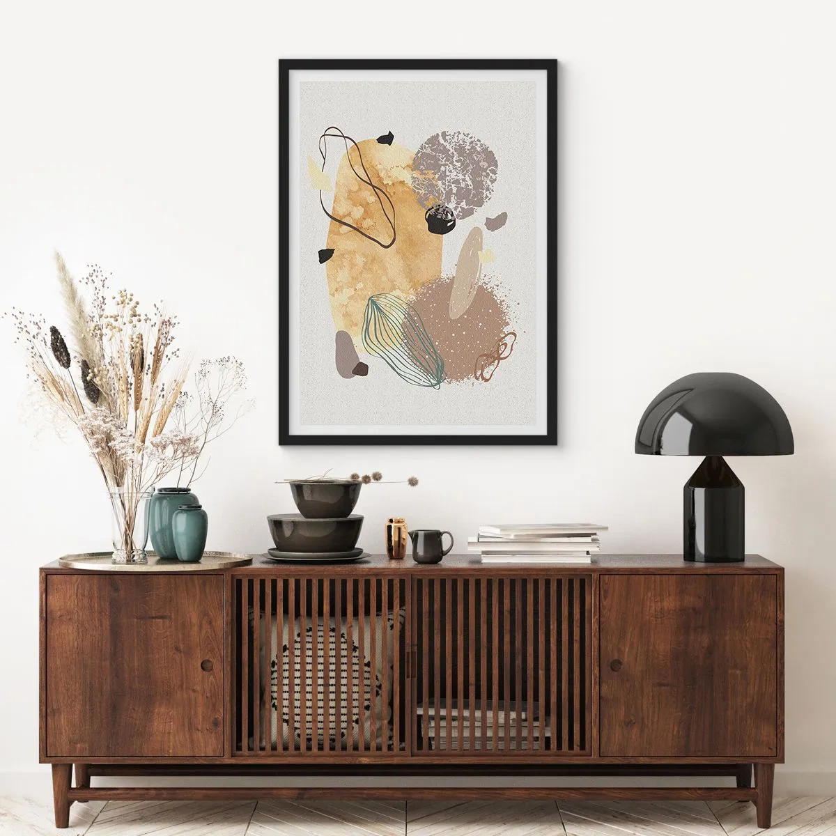 Plakát v černém rámu - Abstraktní kompozice v přírodních odstínech - 50x70cm - Abstraktní švestka - Moderní nástěnná dekorace do obývacího pokoje a ložnice ARTTOR