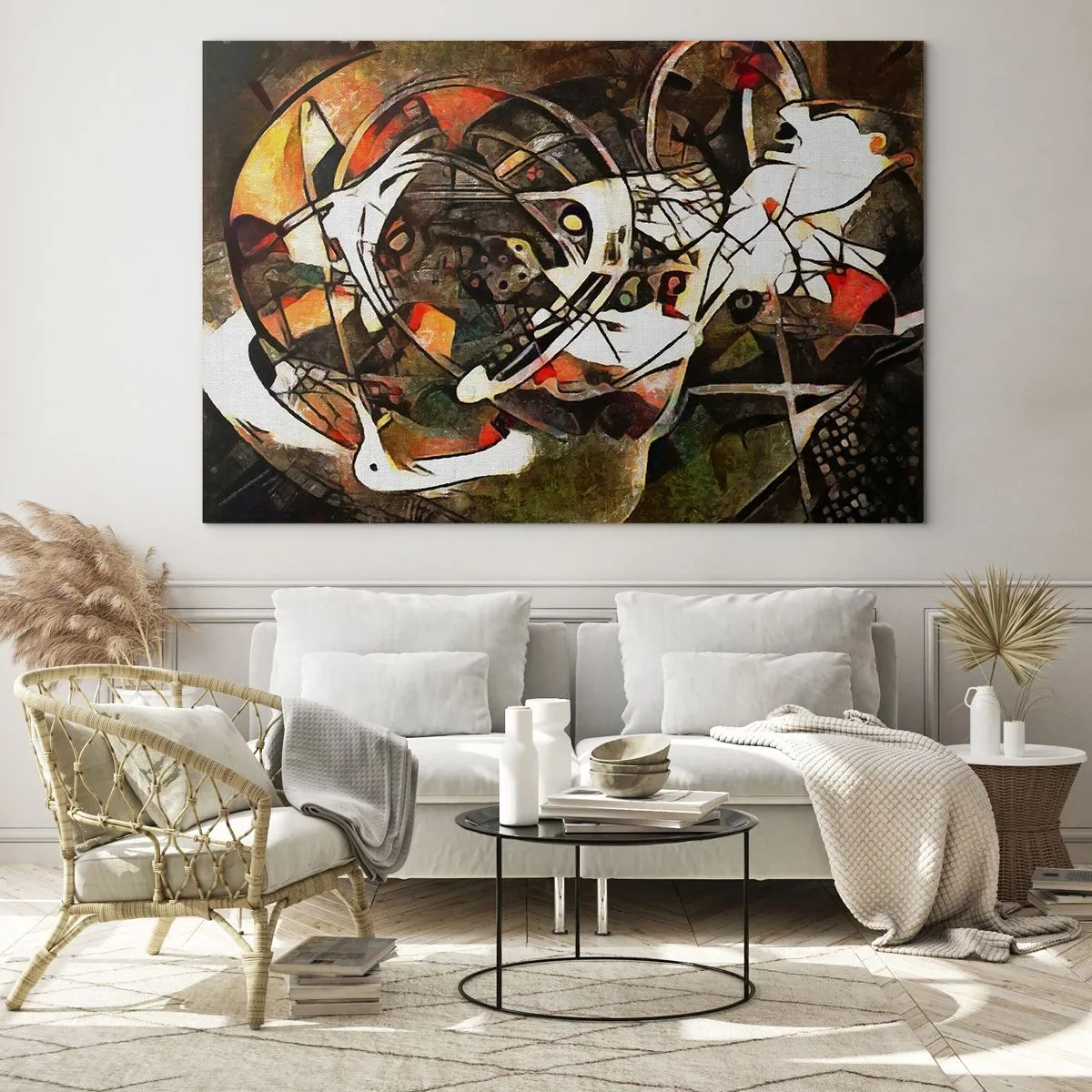 Obraz na skle - Abstraktní malba s kruhy a dynamickými liniemi - 70x50cm - Slyšíš pohyb? - Moderní nástěnná dekorace do obývacího pokoje a ložnice ARTTOR