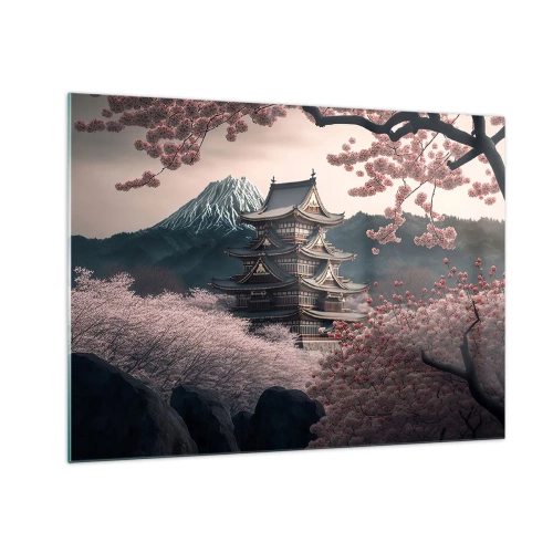 Obraz na skle - Tradiční japonská pagoda uprostřed třešňových květů a hor - 70x50cm - Země kvetoucích třešní - Moderní nástěnná dekorace do obývacího pokoje a ložnice ARTTOR