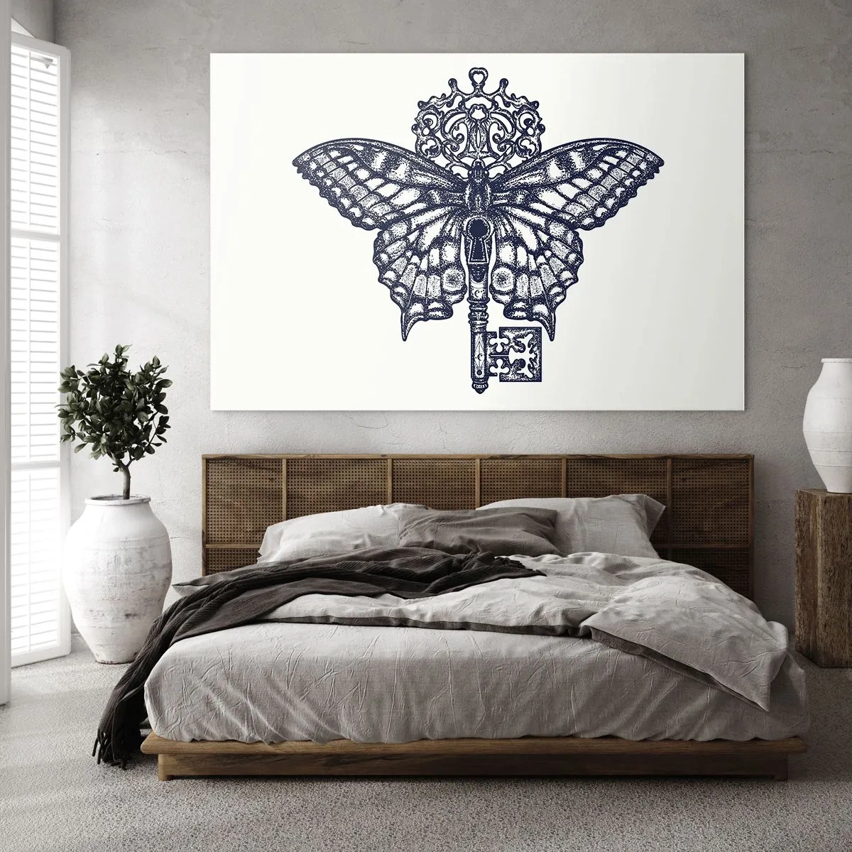 Obraz na skle - Ilustrace motýla s klíčem uprostřed - 70x50cm - Všechna tajemství srdce - Moderní nástěnná dekorace do obývacího pokoje a ložnice ARTTOR