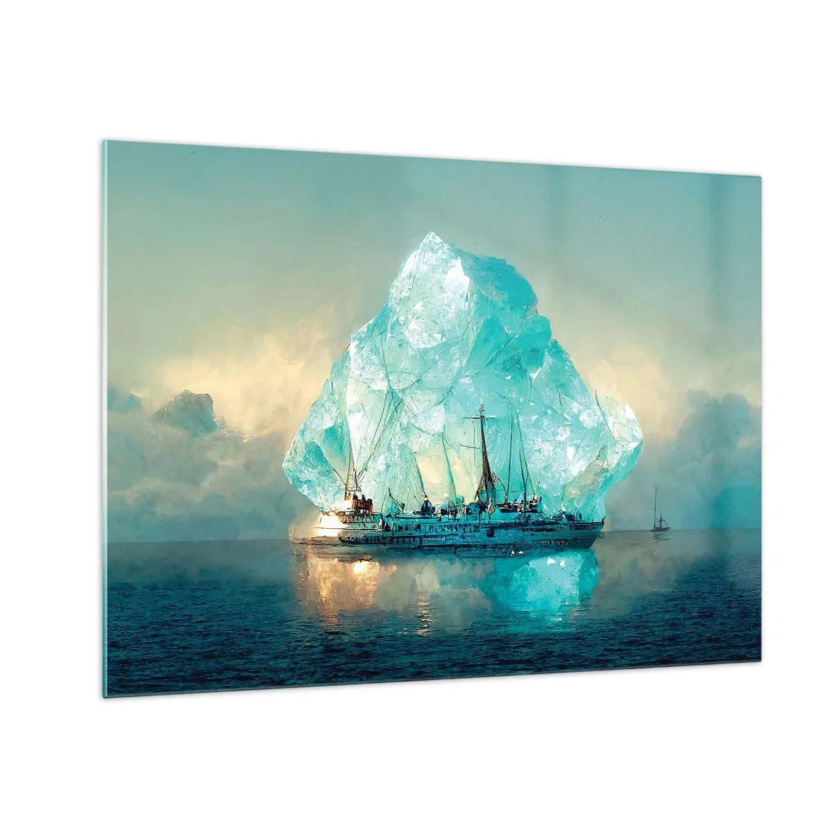 Obraz na skle - Plachetnice před obrovským ledovcem v arktickém světle. - 70x50cm - Arktický briliant - Moderní nástěnná dekorace do obývacího pokoje a ložnice ARTTOR