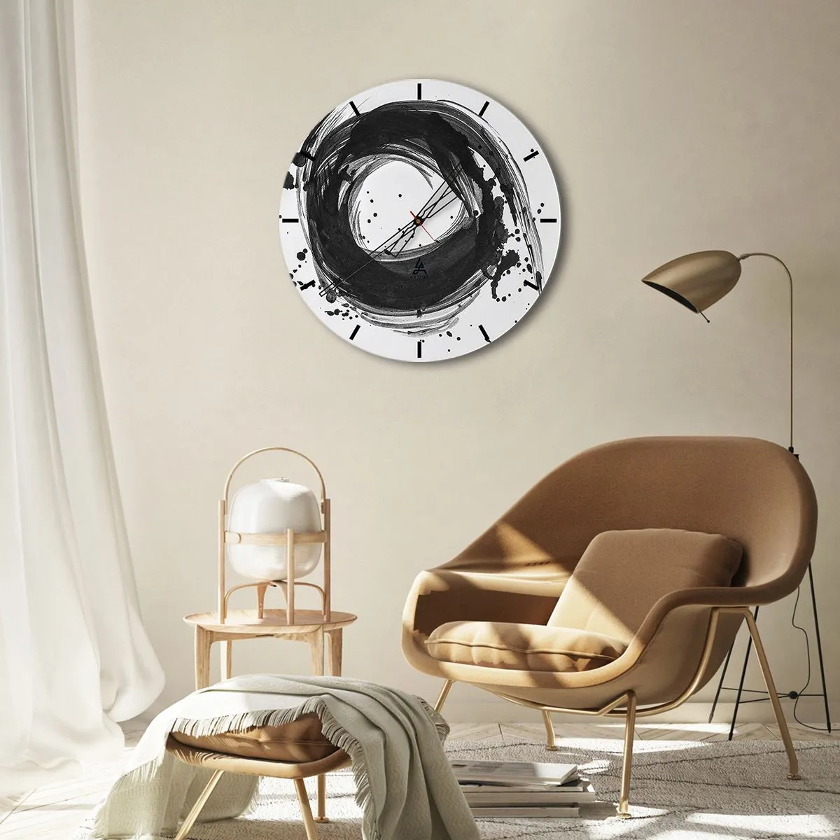 Nástěnné hodiny - Abstraktní kruh z černých tahů štětcem - 30x30cm - Vír tvoření - Moderní nástěnná dekorace do obývacího pokoje, kuchyně a ložnice ARTTOR