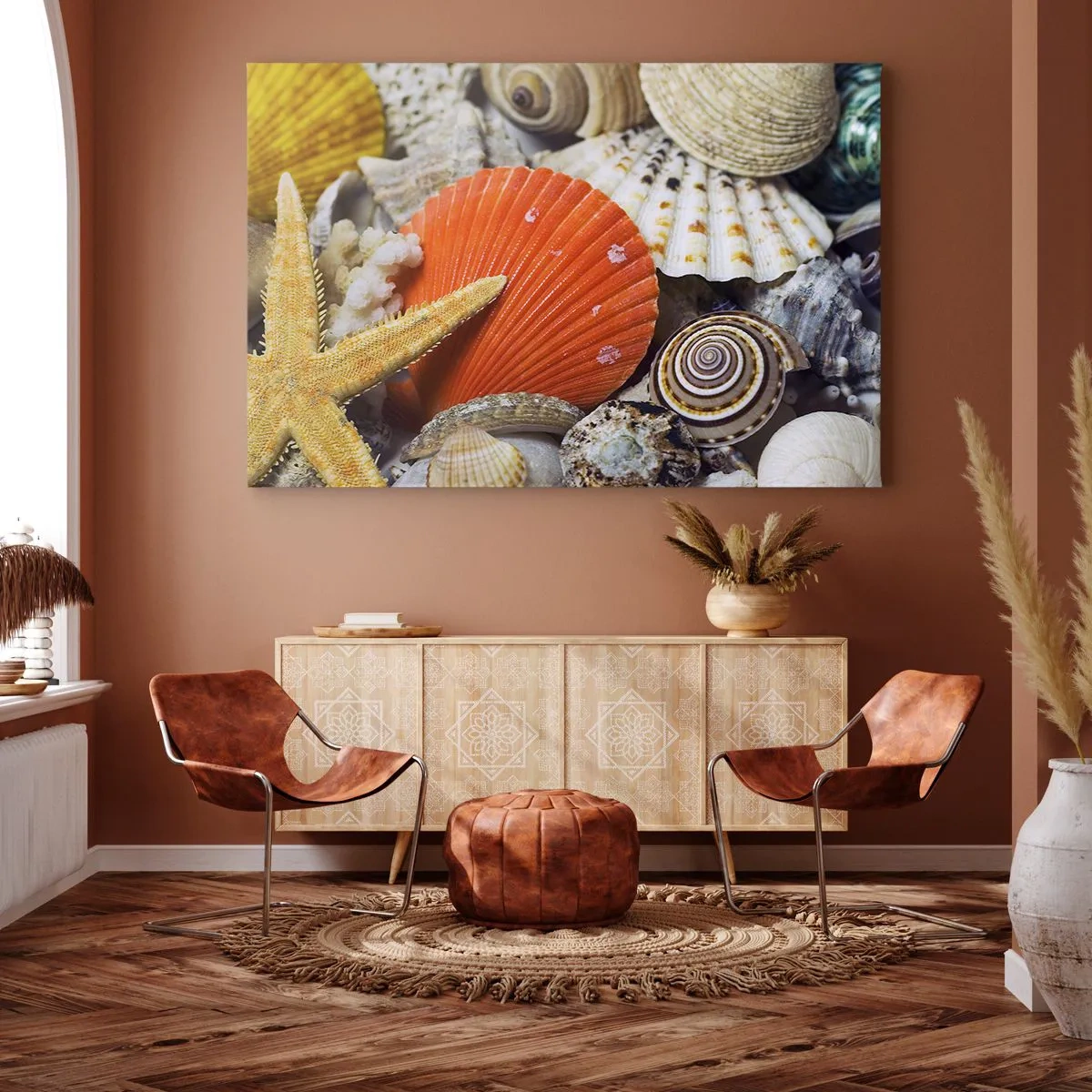 Obraz na plátně - Mušle a hvězdice v mořské kompozici - 70x50cm - Poklady oceánu - Moderní nástěnná dekorace do obývacího pokoje a ložnice ARTTOR