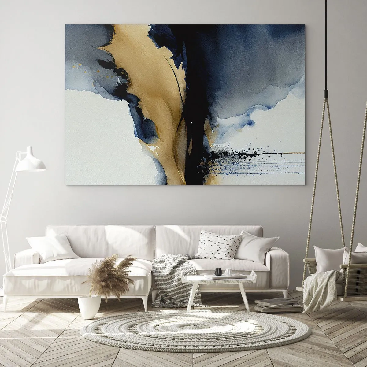 Obraz na skle - Abstraktní kompozice v odstínech tmavě modré a béžové - 70x50cm - Za závojem - Moderní nástěnná dekorace do obývacího pokoje a ložnice ARTTOR