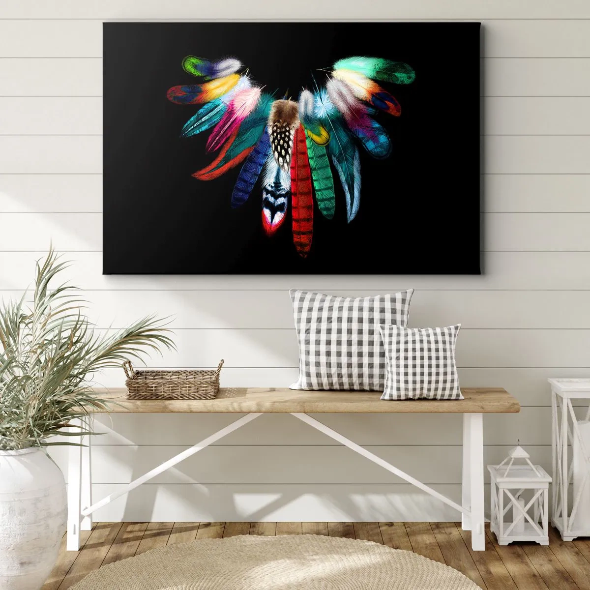 Obraz na plátně - Barevné peří na černém pozadí v umělecké kompozici - 70x50cm - Indiánský náhrdelník - Moderní nástěnná dekorace do obývacího pokoje a ložnice ARTTOR