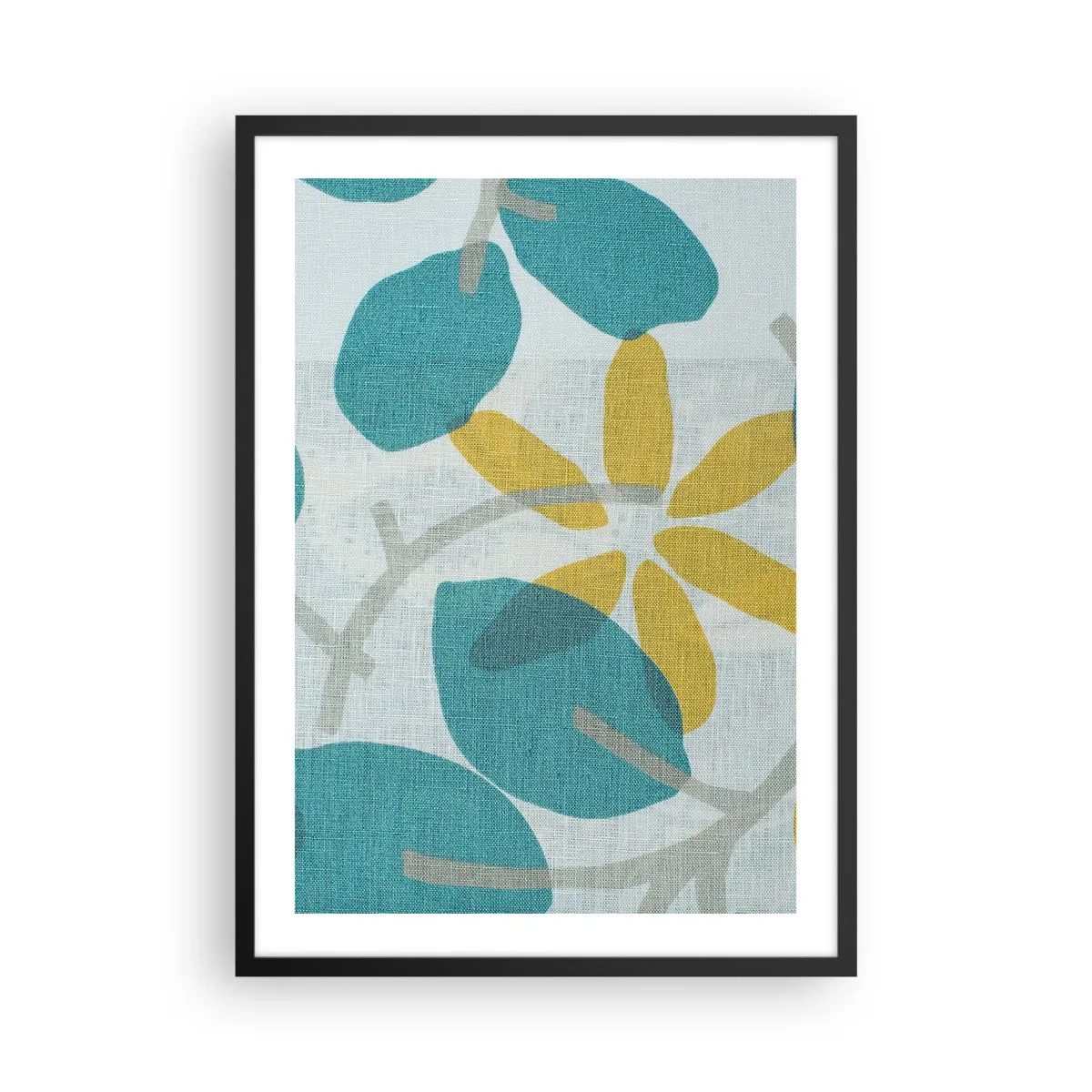 Plakát v černém rámu - Moderní botanická grafika v odstínech modré a žluté - 50x70cm - Mezi azurovými listy - Moderní nástěnná dekorace do obývacího pokoje a ložnice ARTTOR