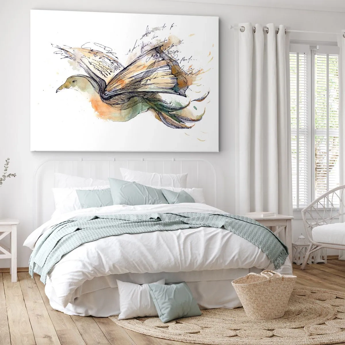 Obraz na plátně - Umělecká akvarelová malba ptáka s knihou jako křídly - 70x50cm - Na křídlech poezie - Moderní nástěnná dekorace do obývacího pokoje a ložnice ARTTOR
