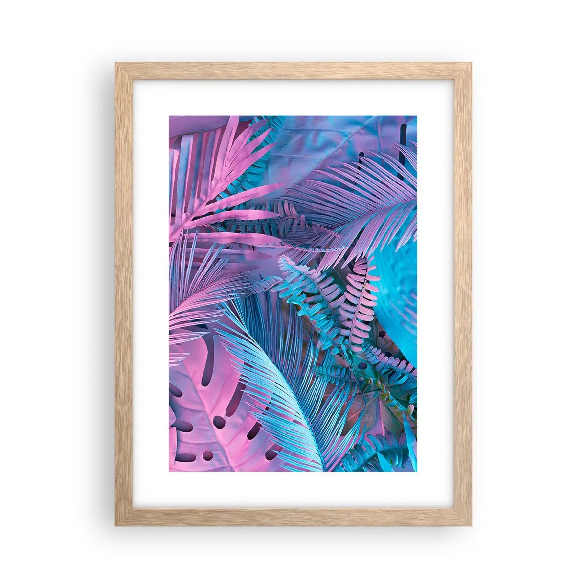 Plakát v rámu světlý dub - Tropy v růžové a modré - 30x40 cm