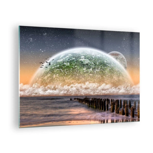Obraz na skle - Západ slunce nad planetou a oceánem - 70x50cm - A svět se vynořil z vody - Moderní nástěnná dekorace do obývacího pokoje a ložnice ARTTOR