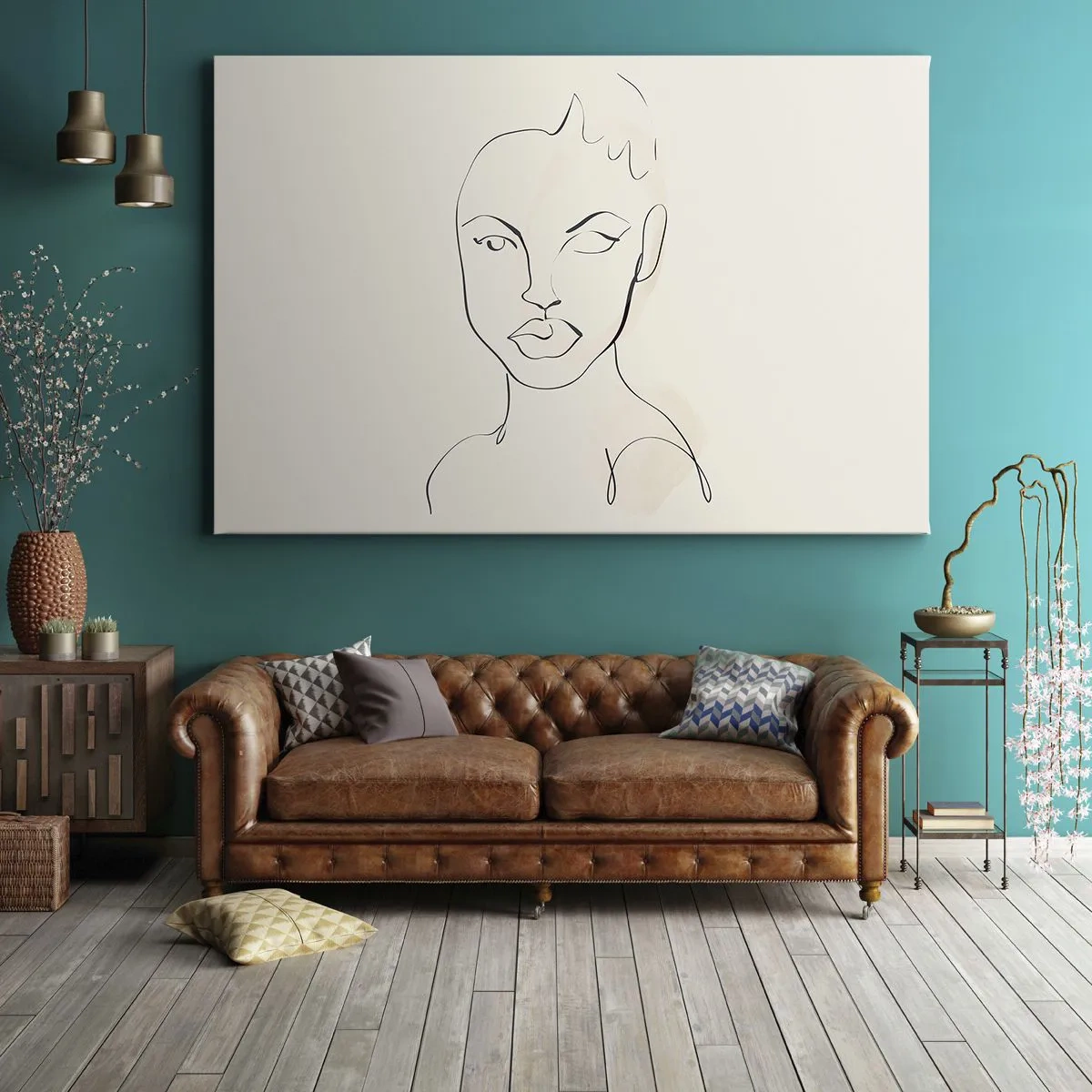 Obraz na plátně - Minimalistická skica ženské tváře - 70x50cm - Obrys smyslnosti - Moderní nástěnná dekorace do obývacího pokoje a ložnice ARTTOR