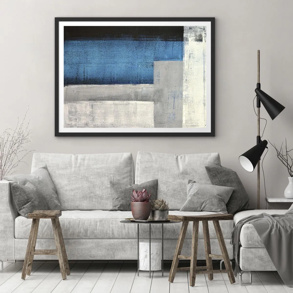 Plakát v černém rámu - Poetická kompozice šedé a modré - 70x50 cm
