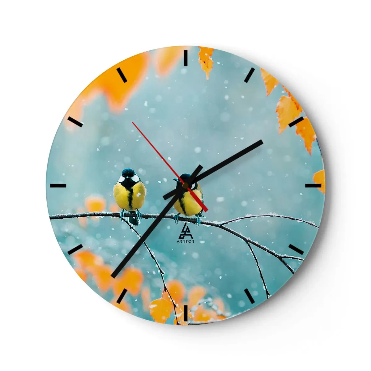 Nástěnné hodiny - Dvě sýkory na zasněžené větvi v zimní krajině - 30x30cm - Ptačí drby - Moderní nástěnná dekorace do obývacího pokoje, kuchyně a ložnice ARTTOR