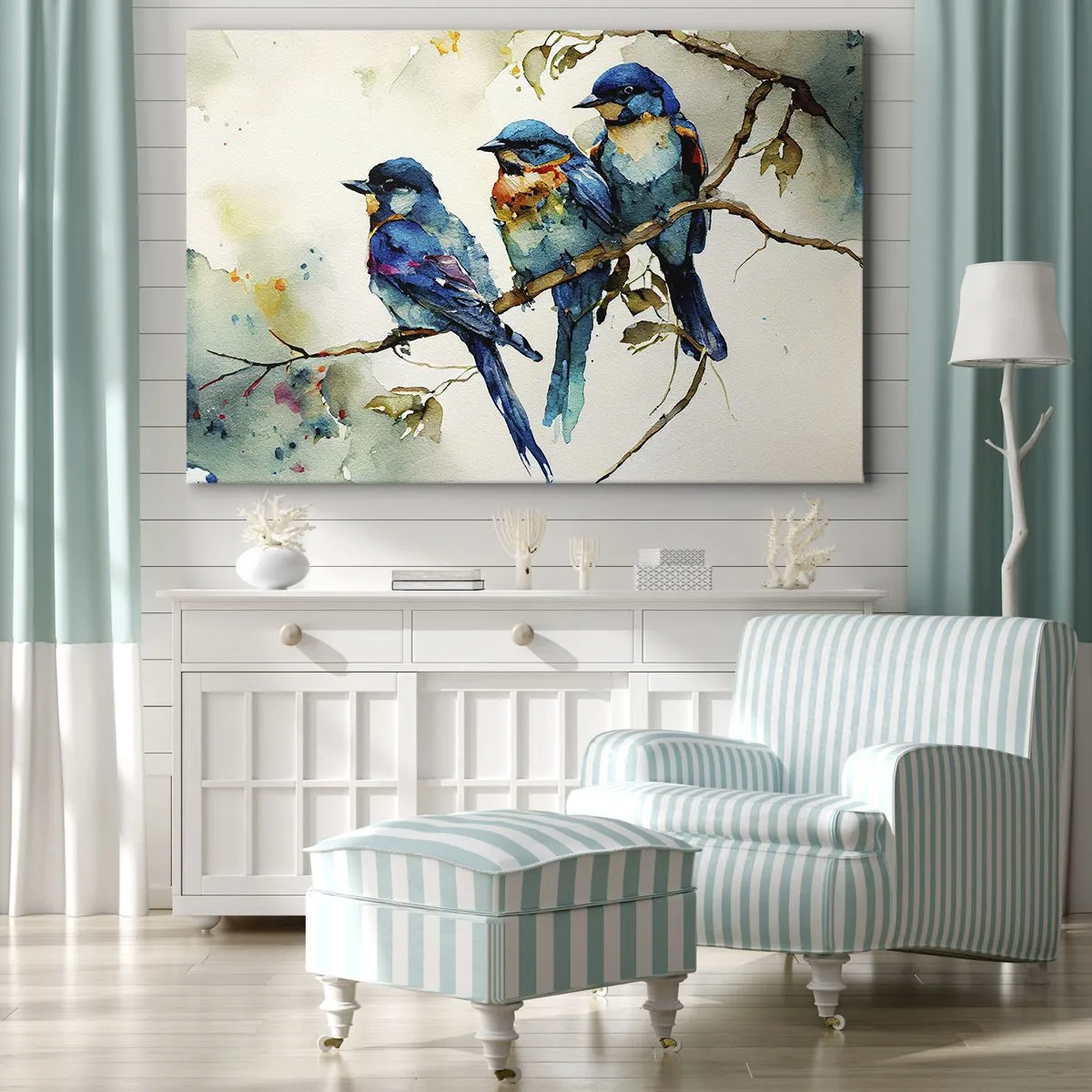 Obraz na plátně - Tři barevní ptáci na větvi ve stylu akvarelu - 70x50cm - Urazil se? - Moderní nástěnná dekorace do obývacího pokoje a ložnice ARTTOR