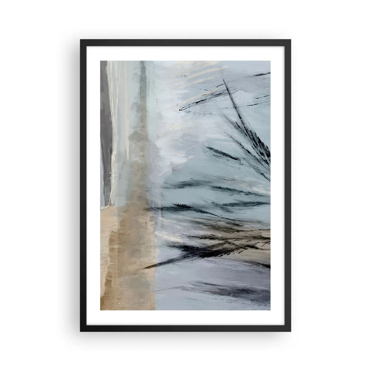Plakát v černém rámu - Jemná abstrakce inspirovaná přírodou v tlumených barvách. - 50x70cm - Zimní pole - Moderní nástěnná dekorace do obývacího pokoje a ložnice ARTTOR