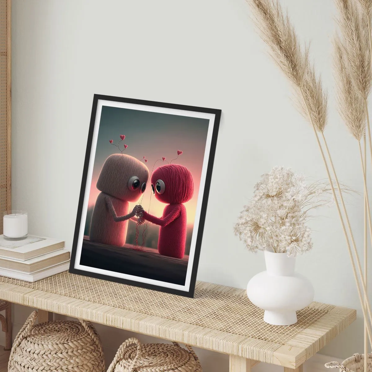 Plakát v černém rámu - Rozkošné postavičky z příze držící se za ruce - 50x70cm - Každý může milovat - Moderní nástěnná dekorace do obývacího pokoje a ložnice ARTTOR