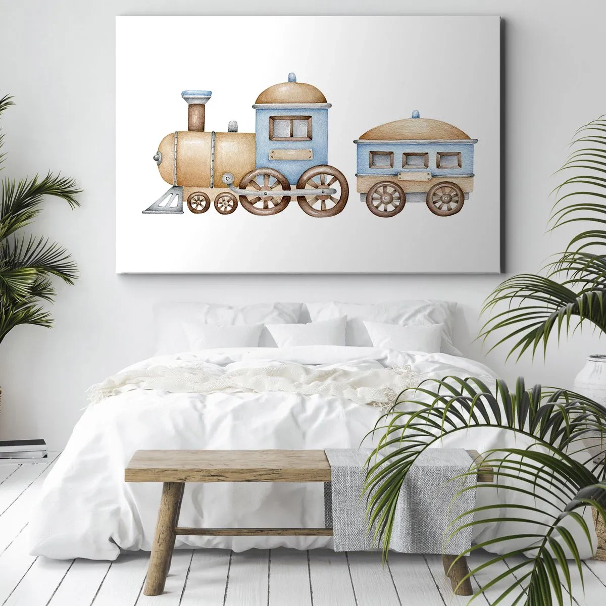 Obraz na plátně - Kresba vlaku v pastelových odstínech na bílém pozadí - 70x50cm - Na dráze stojí… - Moderní nástěnná dekorace do obývacího pokoje a ložnice ARTTOR