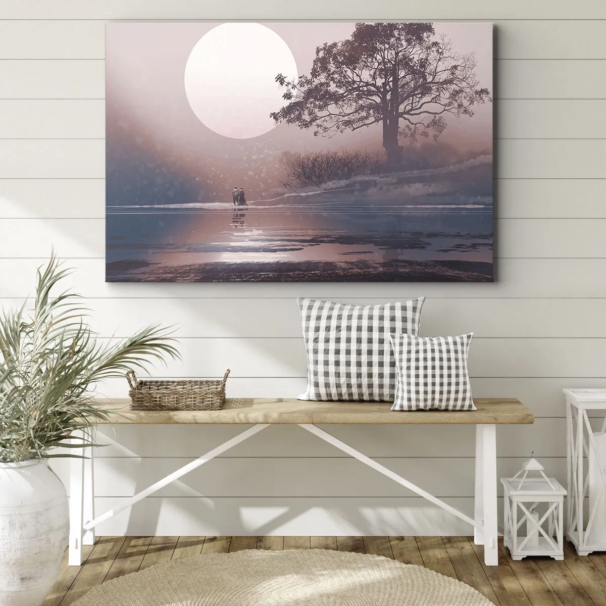 Obraz na plátně - Romantická scéna s měsícem a stromem u vody - 70x50cm - Noční zázraky - Moderní nástěnná dekorace do obývacího pokoje a ložnice ARTTOR