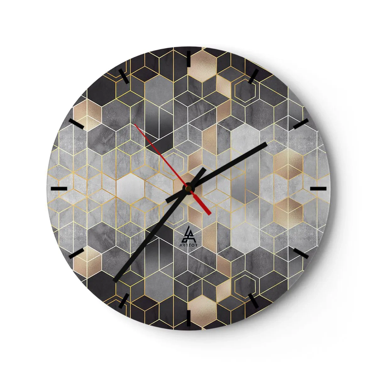 Nástěnné hodiny - Geometrická mozaika v odstínech šedé a zlaté - 30x30cm - Diamantová kompozice - Moderní nástěnná dekorace do obývacího pokoje, kuchyně a ložnice ARTTOR