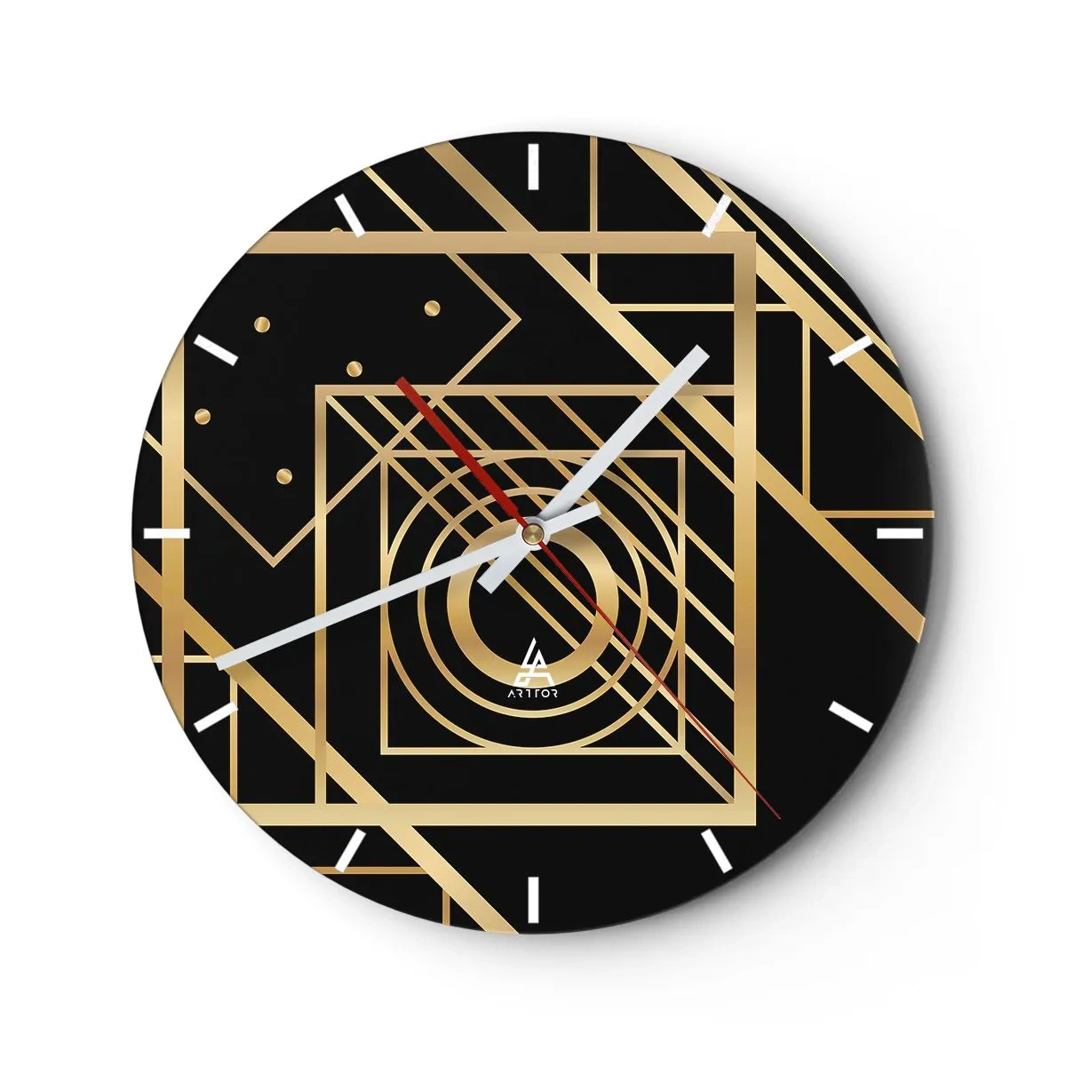 Nástěnné hodiny - Zlatý geometrický vzor na černém pozadí - 30x30cm - Zlatá geometrie - Moderní nástěnná dekorace do obývacího pokoje, kuchyně a ložnice ARTTOR