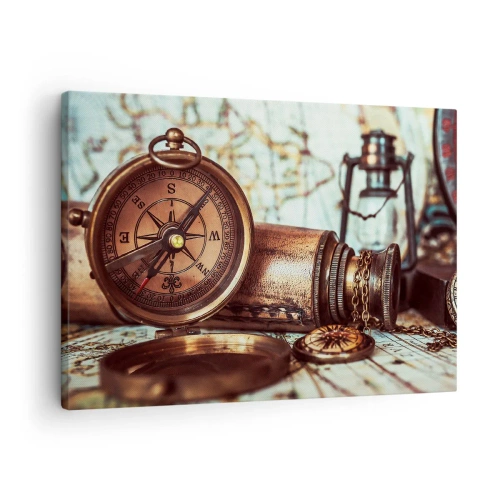 Obraz na plátně - Retro sada s kompasem, dalekohledem a mapou v cestovním stylu - 70x50cm - Pirátské dobrodružství v Karibiku čeká - Moderní nástěnná dekorace do obývacího pokoje a ložnice ARTTOR