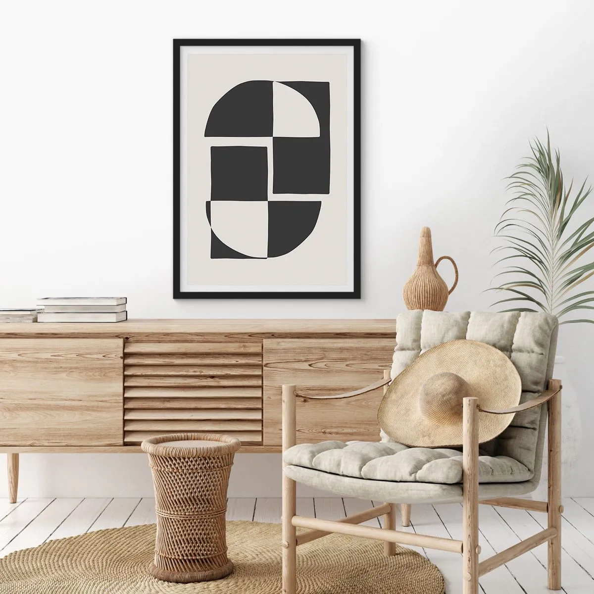 Plakát v černém rámu - Geometrická kompozice v černé a bílé - 50x70cm - Antitéza – syntéza - Moderní nástěnná dekorace do obývacího pokoje a ložnice ARTTOR