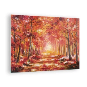 Obraz na skle - Podzimní krajina se stromy v teplých barvách - 70x50cm - Měděný les - Moderní nástěnná dekorace do obývacího pokoje a ložnice ARTTOR