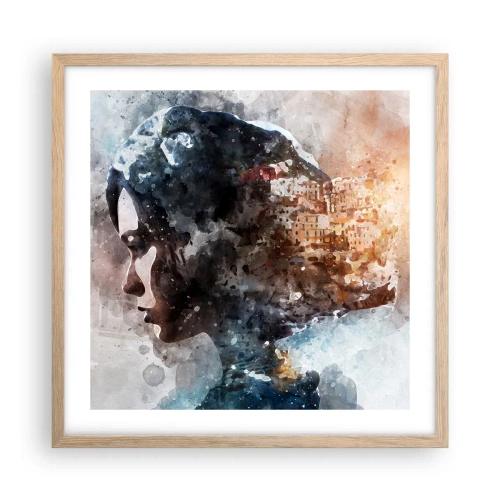 Plakát v rámu světlý dub - Příběh o dívce s městem v pozadí - 50x50 cm