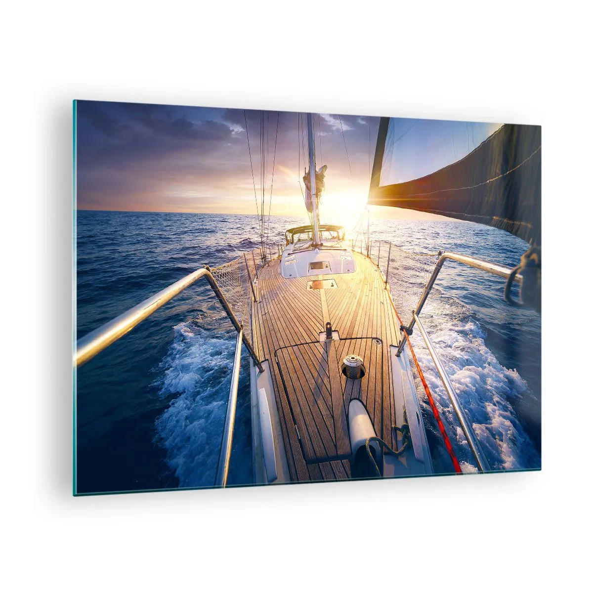 Obraz na skle - Paluba plachetnice na pozadí zapadajícího slunce a mořských vln - 70x50cm - Běžící po vlnách - Moderní nástěnná dekorace do obývacího pokoje a ložnice ARTTOR