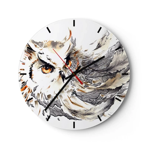 Nástěnné hodiny - Sova s intenzivním pohledem obklopená uměleckým peřím - 30x30cm - Přišla ze světa kouzel - Moderní nástěnná dekorace do obývacího pokoje, kuchyně a ložnice ARTTOR