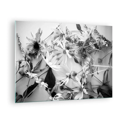 Obraz na skle - Roztroušené černobílé květiny v uměleckém aranžmá - 70x50cm - Květiny bez kytice - Moderní nástěnná dekorace do obývacího pokoje a ložnice ARTTOR
