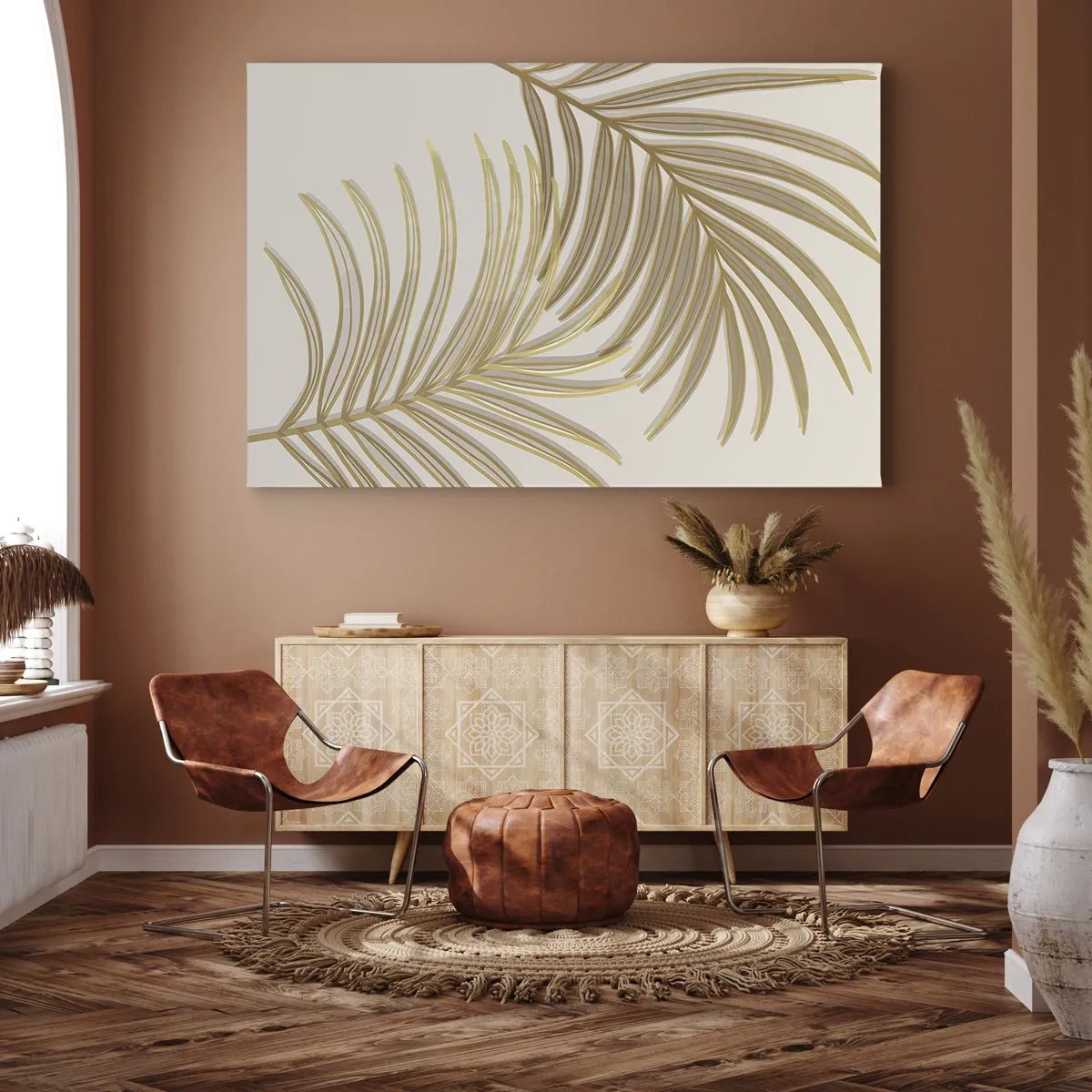 Obraz na plátně - Zlaté palmové listy na světlém pozadí v minimalistickém stylu - 70x50cm - Zlatá palma! - Moderní nástěnná dekorace do obývacího pokoje a ložnice ARTTOR
