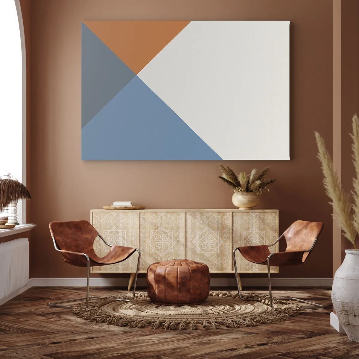 Obraz na plátně - Geometrické trojúhelníky v odstínech modré a oranžové - 70x50cm - Pod úhlem… - Moderní nástěnná dekorace do obývacího pokoje a ložnice ARTTOR