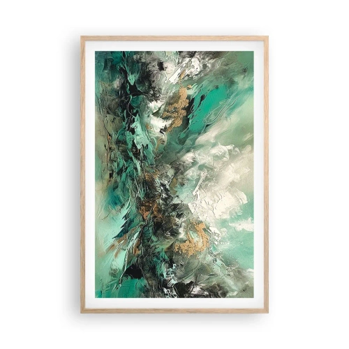 Plakát v rámu světlý dub - Smaragdově černé vlnobití - 61x91 cm