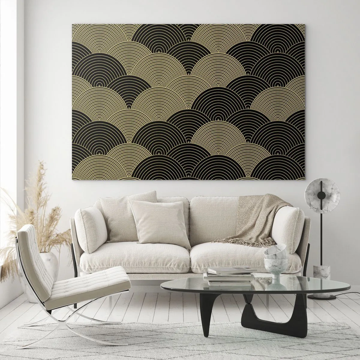 Obraz na skle - Zlaté půlkruhy v pravidelném japonském vzoru - 70x50cm - Jednota v mnohosti - Moderní nástěnná dekorace do obývacího pokoje a ložnice ARTTOR