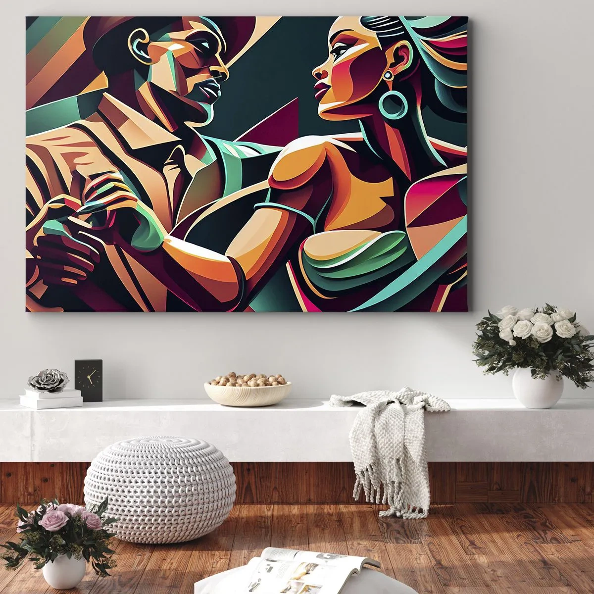 Obraz na plátně - Stylizovaný pár tančící v zářivých, geometrických barvách. - 70x50cm - V rytmu srdce - Moderní nástěnná dekorace do obývacího pokoje a ložnice ARTTOR