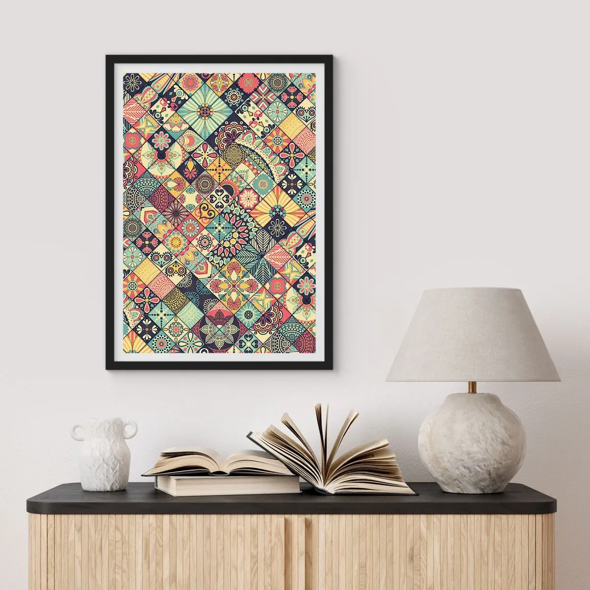 Plakát v černém rámu - Barevný mozaikový vzor - 50x70cm - Marokánská vize - Moderní nástěnná dekorace do obývacího pokoje a ložnice ARTTOR