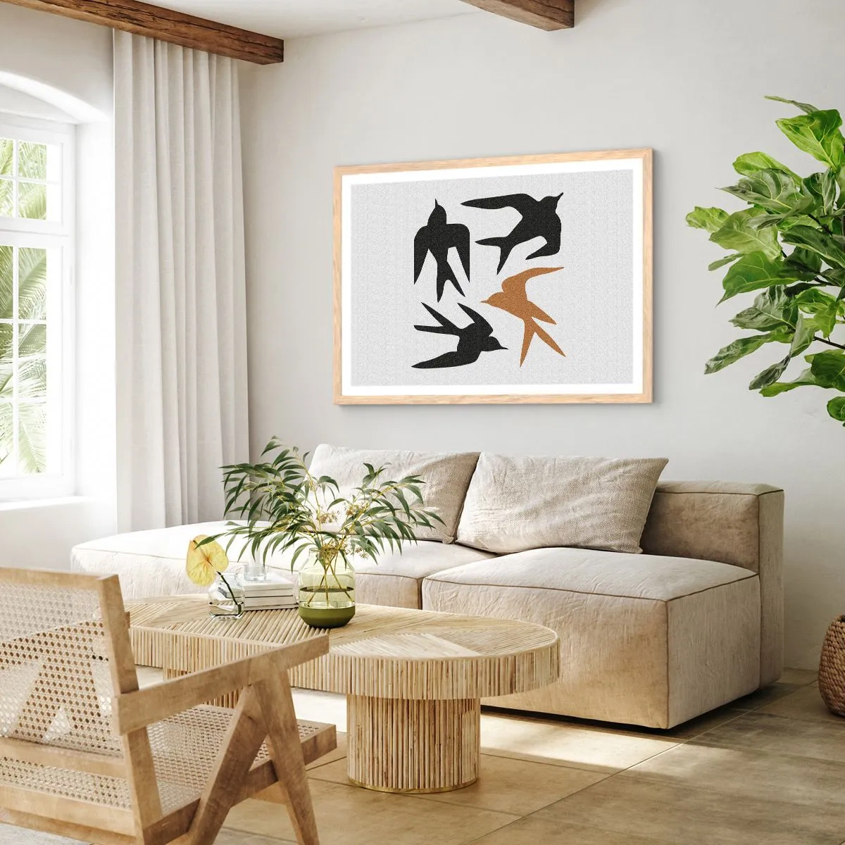 Plakát v rámu světlý dub - Vlaštovky - 100x70 cm
