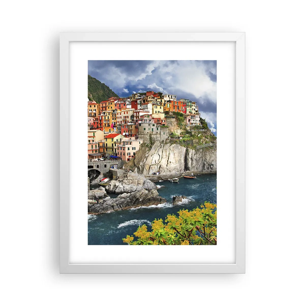 Plakát v bílém rámu - Hromádka přitulená ke skalám - 30x40 cm