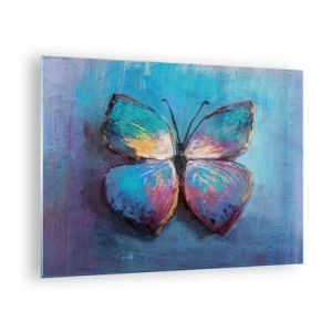 Obraz na skle - Barevný motýl na pozadí abstraktních barev v odstínech modré a fialové. - 70x50cm - V celé své kráse - Moderní nástěnná dekorace do obývacího pokoje a ložnice ARTTOR