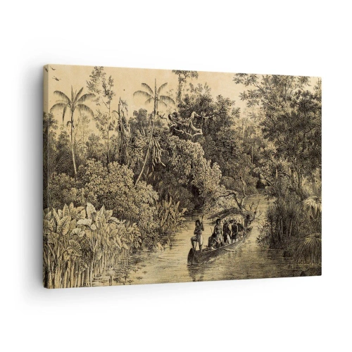 Obraz na plátně - Kresba džungle s lodí na řece - 70x50cm - Výlet ke zdroji - Moderní nástěnná dekorace do obývacího pokoje a ložnice ARTTOR