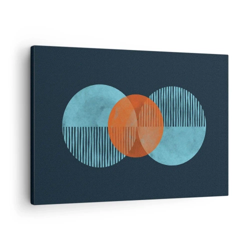 Obraz na plátně - Geometrické kruhy v odstínech modré a oranžové - 70x50cm - Symetrická kompozice - Moderní nástěnná dekorace do obývacího pokoje a ložnice ARTTOR