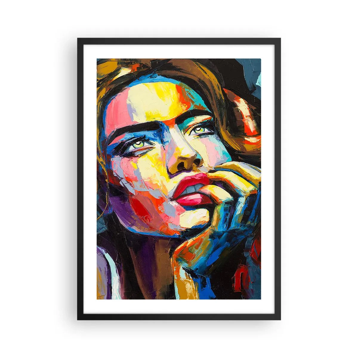 Plakát v černém rámu - Výrazný, barevný portrét ženy v expresivním stylu. - 50x70cm - Sny, jak ptáci letí oblohou - Moderní nástěnná dekorace do obývacího pokoje a ložnice ARTTOR