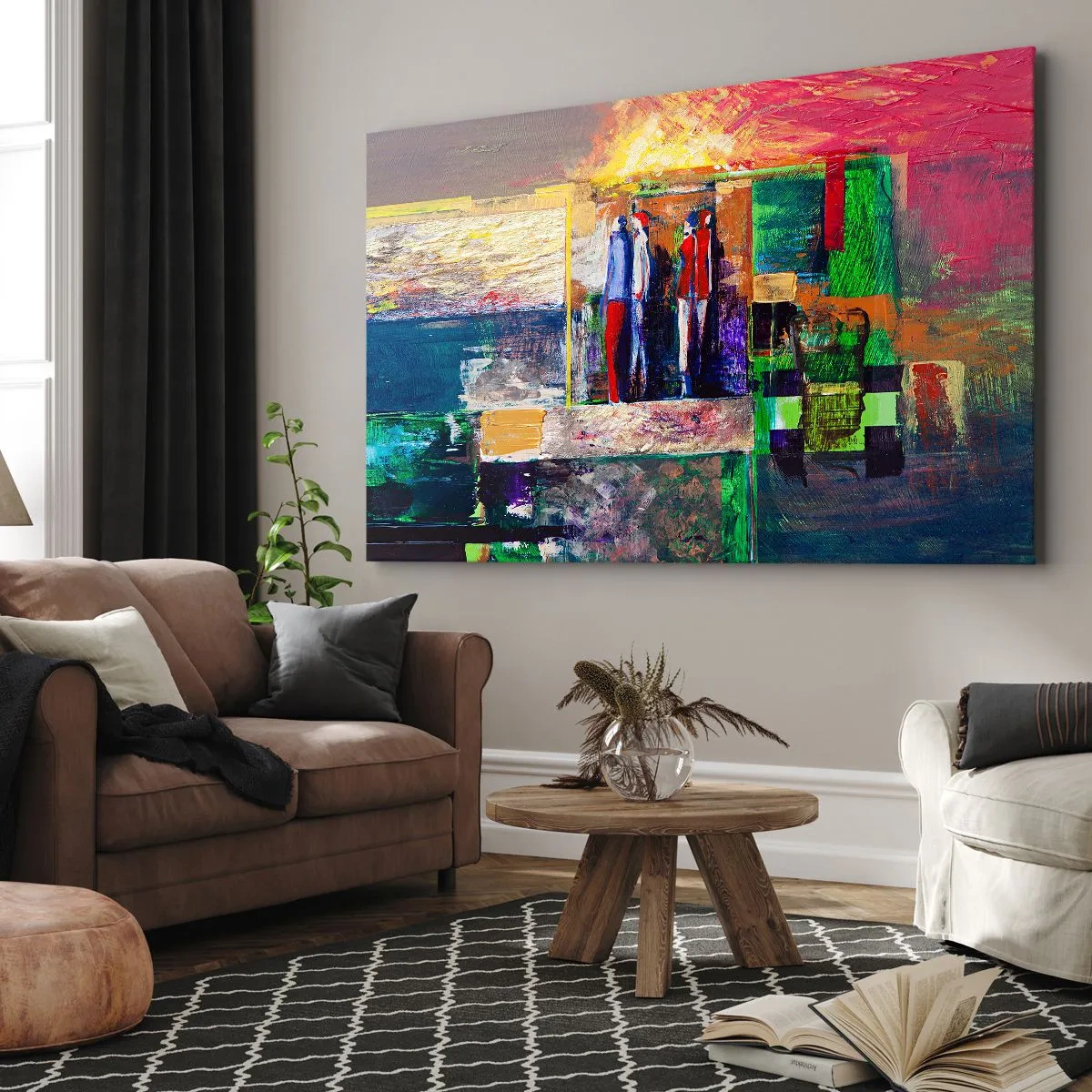 Obraz na plátně - Abstraktní kompozice s postavami a geometrickými vzory - 70x50cm - Vztahy a emoce - Moderní nástěnná dekorace do obývacího pokoje a ložnice ARTTOR